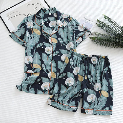 Graceful Petals Pajama Short Set Navy Blue Blossoms